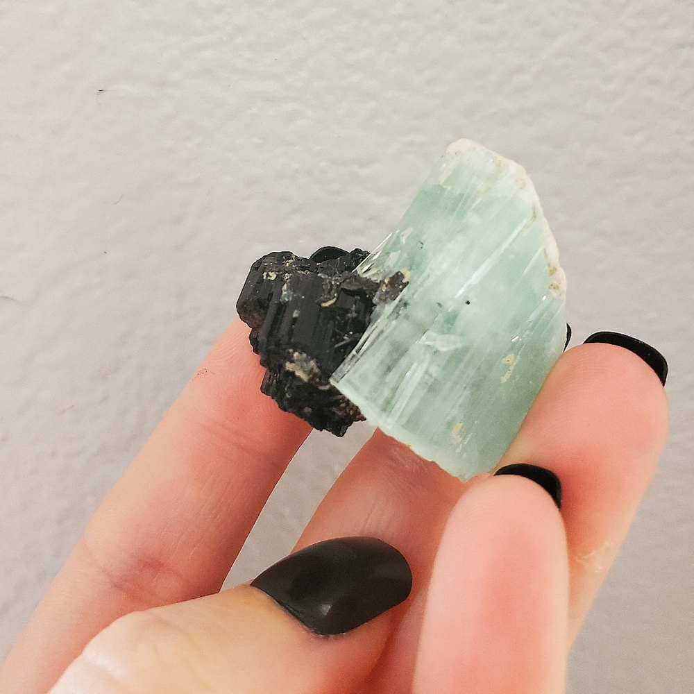 Aquamarine black tourmaline specimen crystal